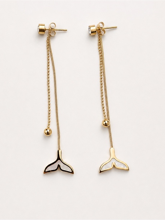 Private Label Other - 18K Gold Plated Stainless Steel Whale Tail Long Drop Earrings